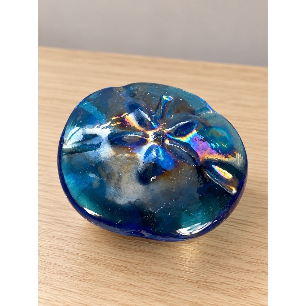 Art Glass Sand Dollar Paperweight Iridescent Blue Carnival Glass Coastal Decor